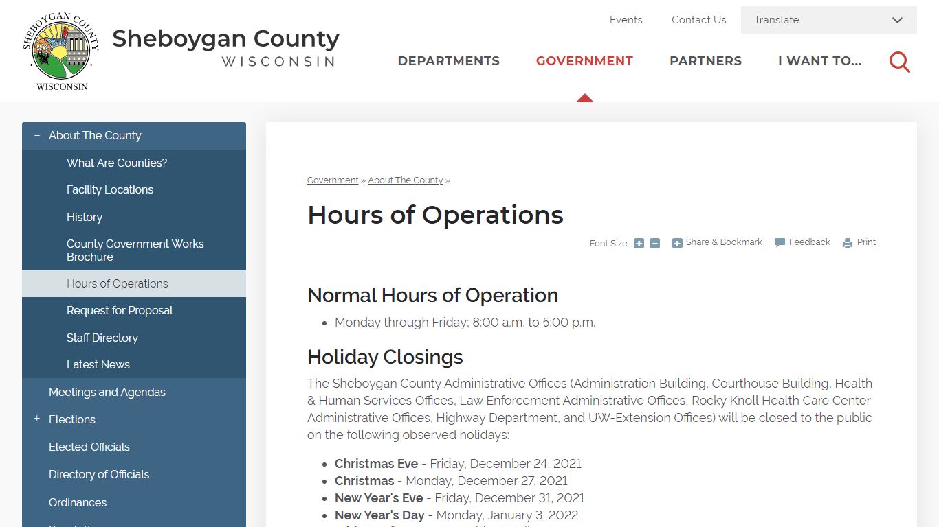Hours of Operations | Sheboygan County